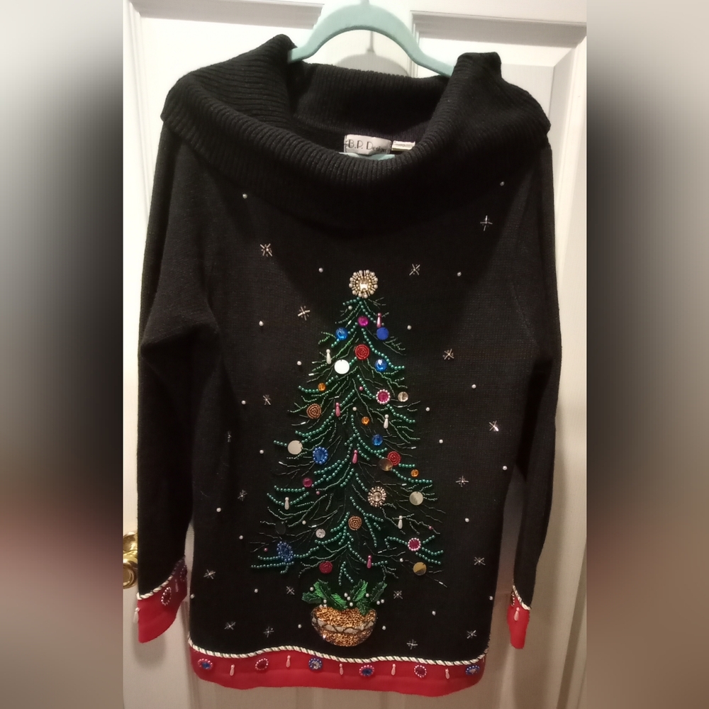 Elegant Black Holiday Sweater with Tree Design